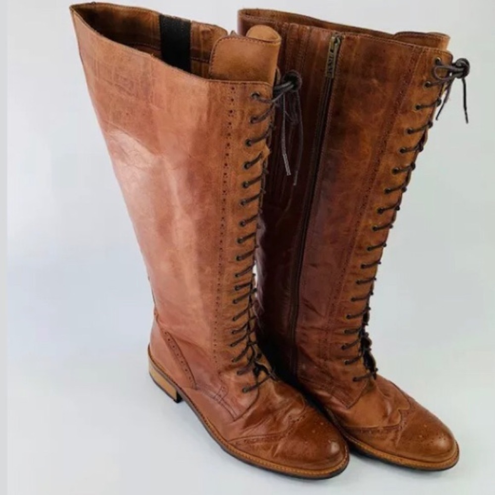 Leather Lace Up Knee High Boots Size 13 WIDE CALF